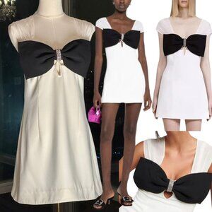🆕 SELF-PORTRAIT 🧿 NWOT White And Black Crepe Bow Mini Dress, Sz UK 14 US 10
